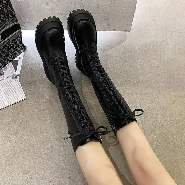 Women Motorcycle Boots Wedges Flat Shoes Woman High Heel Platform PU Leather Boots Lace Up Women Shoes Black Boots Girls2021