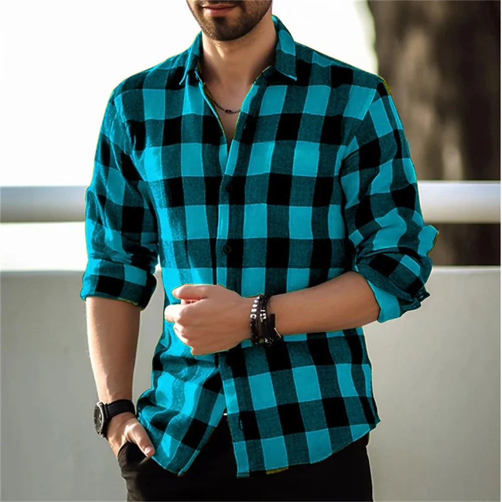 Men's long-sleeved shirt printed shirt plaid casual comfortable handsome commuter large size men's clothing XS-6XL
