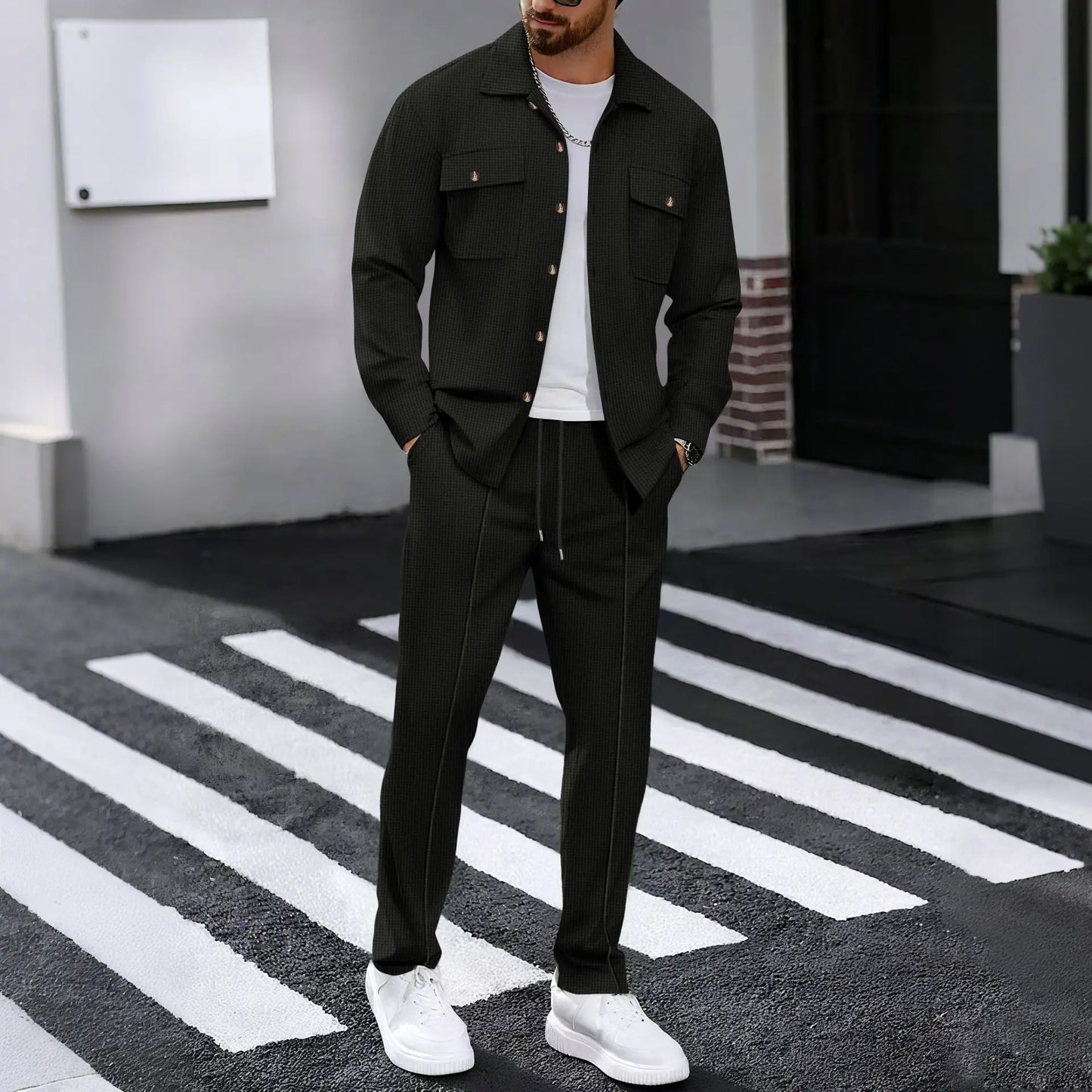 New men's solidcolor waffle longsleeved pants set high quality fashionable comfortable with doublepocketsworkwearstyle cardigan