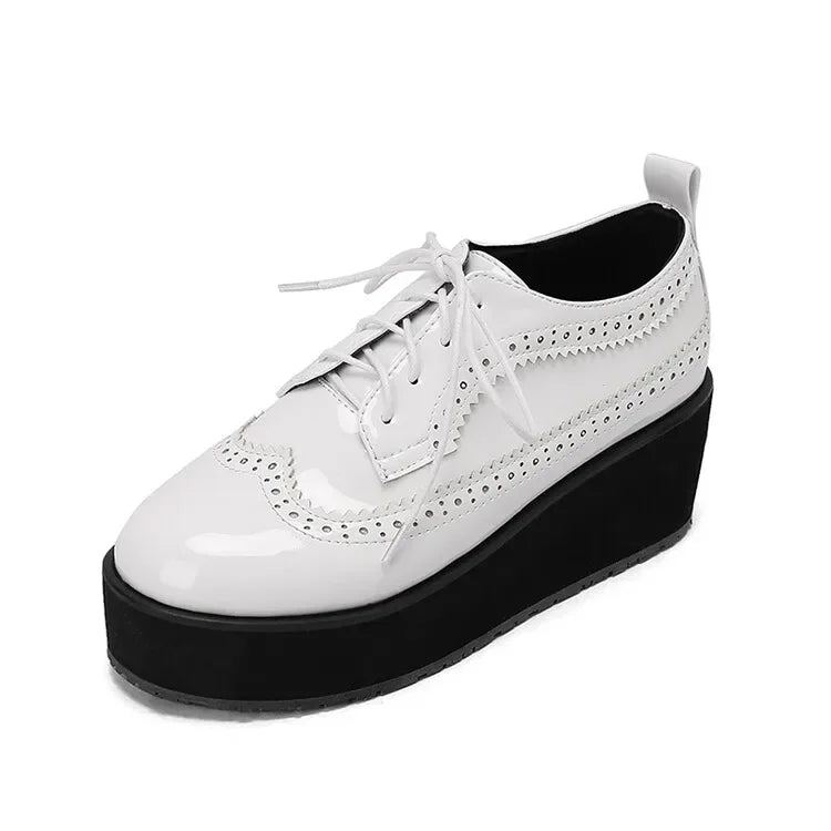 Ochanmeb Big Size 48 Women Patent Leather Brogues High Heels Derby Shoes Platforms Laser Cutout Oxfords Fashion Ladies Pumps Red