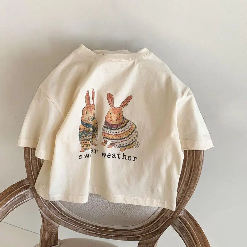 Summer Toddler Baby Girl Solid Cotton Clothes Short Sleeve Cartoon Rabbit Printed T-shirts Kids Leisure Ins Tops Tees
