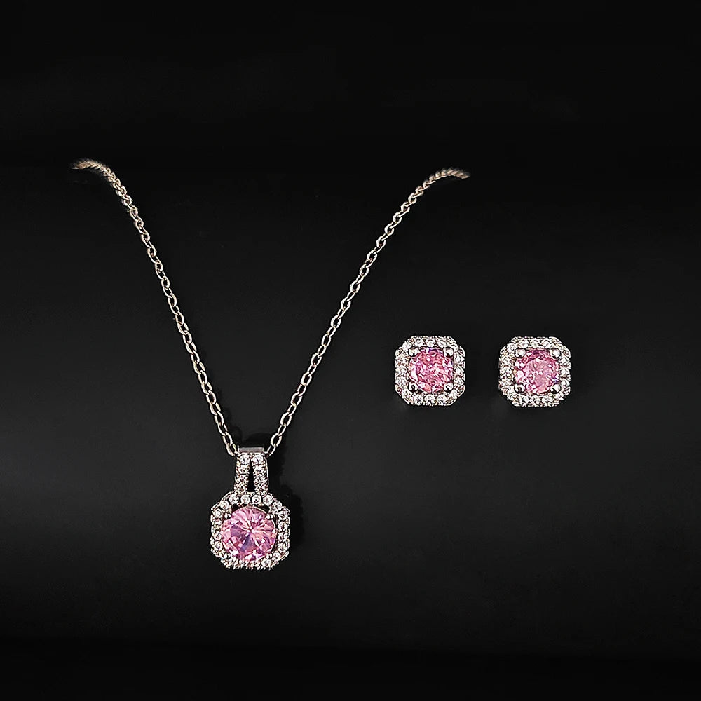 2024 New Trendy Pink Color Earrings and Necklace Pendant Set for Women Anniversary Gift Jewelry Wholesale X1104-E1104