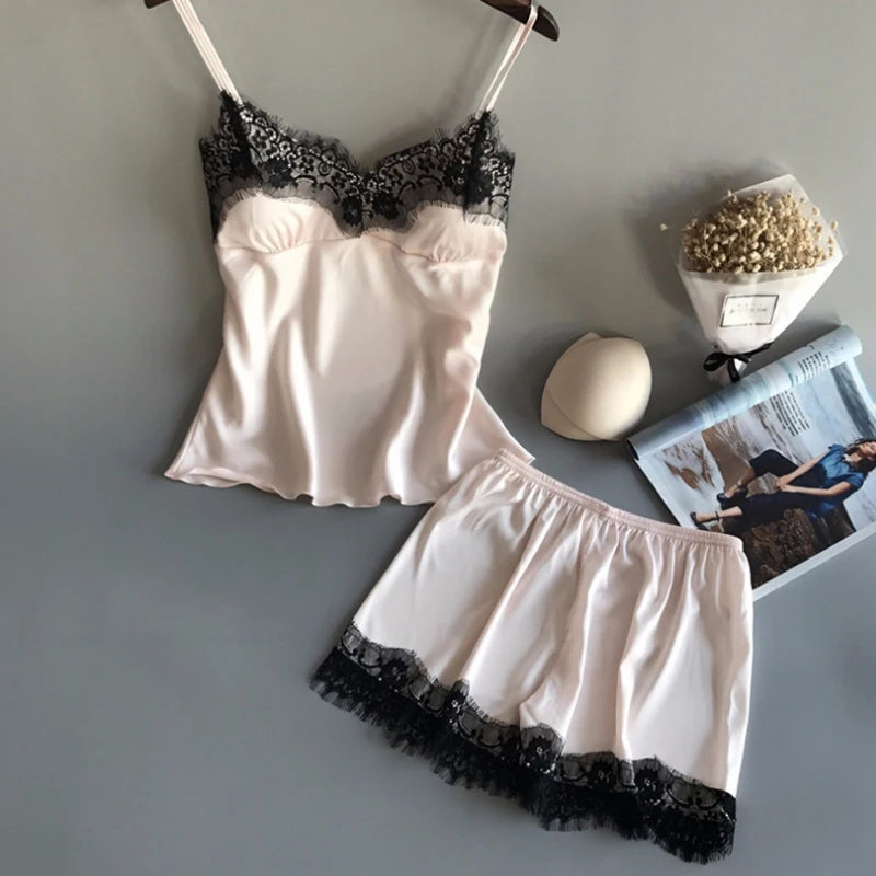 Women Pajama Suit Fashion V-Neck Stretch Satin Babydoll Lace Sexy Lingerie Pyjamas Sleep Shorts Set Sleepwear New