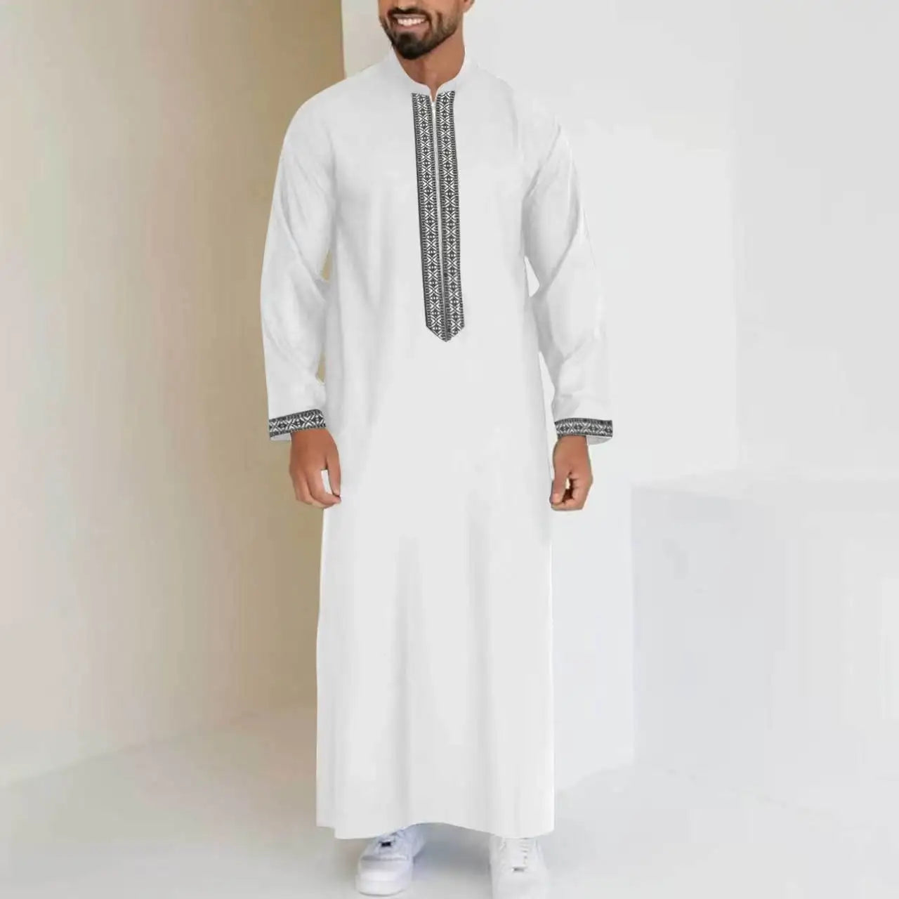 Men's Muslim Robes Middle East Arab Ramadan Islamic Zipper V-neck Loose Clothes Stripe Casual Long Sleeve Shirt Dress Tunic Top