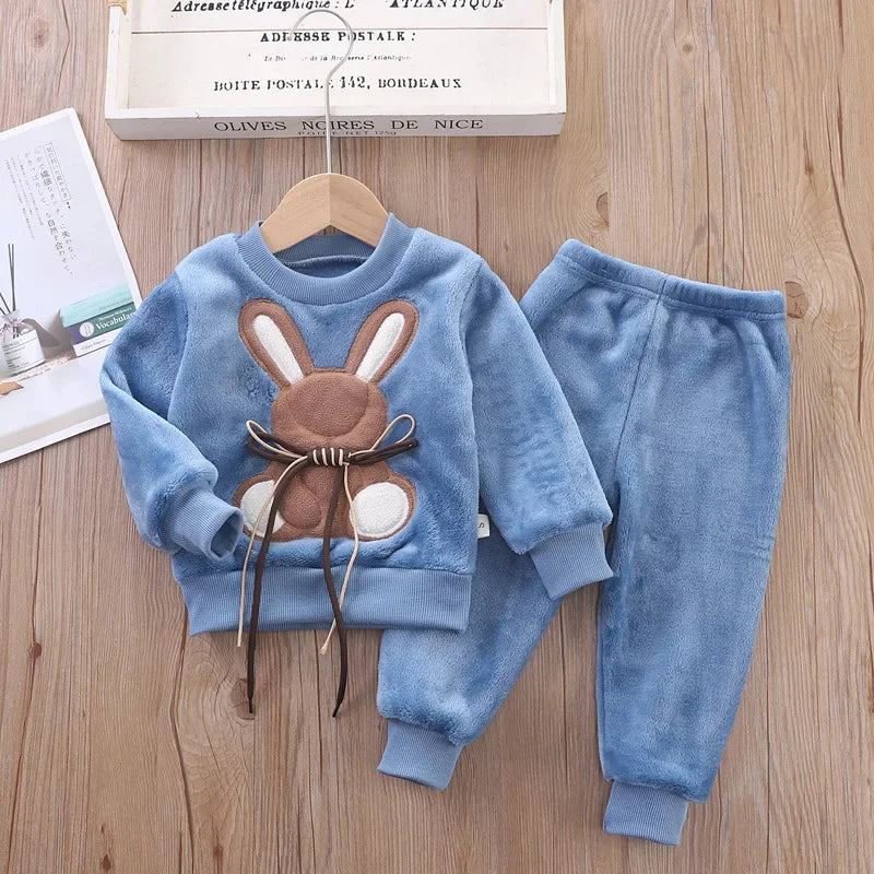 Baby Girl Clothes Autumn Winter Velvet 2Pcs Sets For Children Keep Warm Loungewear Toddler Cartoon Rabbit Sleepwear Boy Suit