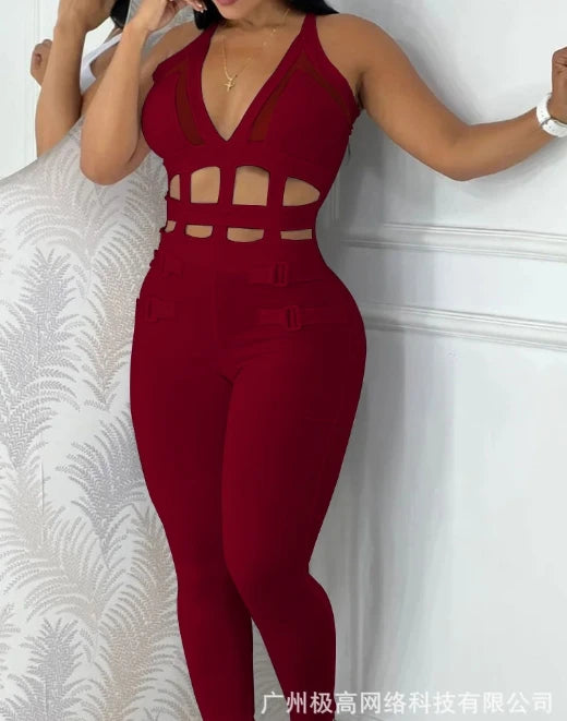 Women's jumpsuit 2025 summer new sleeveless new fashionable hollow camisole buckle comparison mesh tight jumpsuit