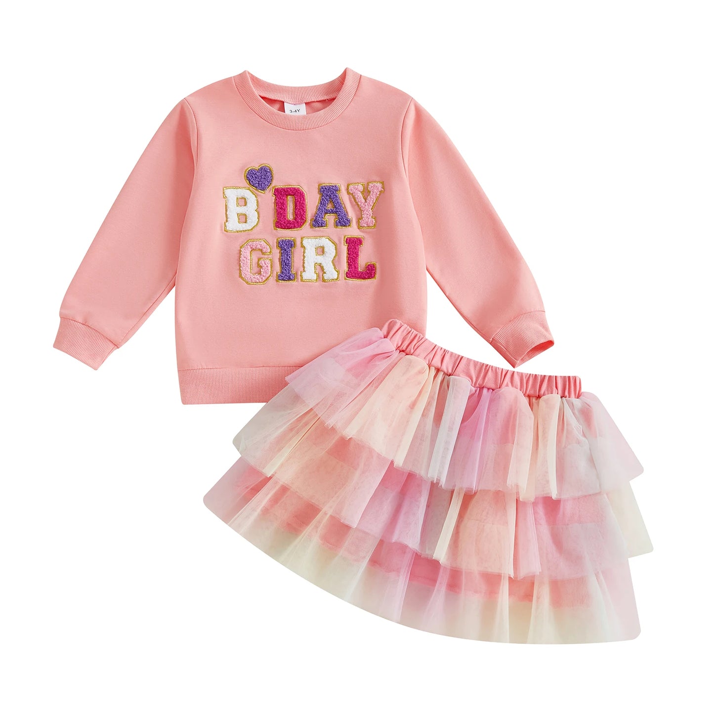 Citgeett Autumn Kids Toddler Girl Birthday Outfit Heart Letter Embroidered Long Sleeve Sweatshirt Contrast Tulle Skirt Set