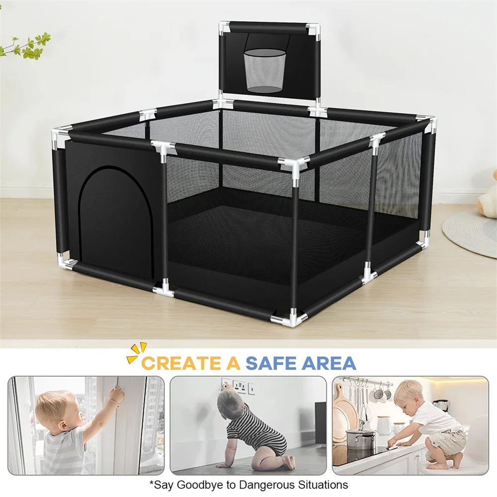 ANGDUO Baby Playpen 50 inch Baby Playard with Basketball Hoop and Breathable Mesh Baby Fence Game Center for Boy and Girls Black
