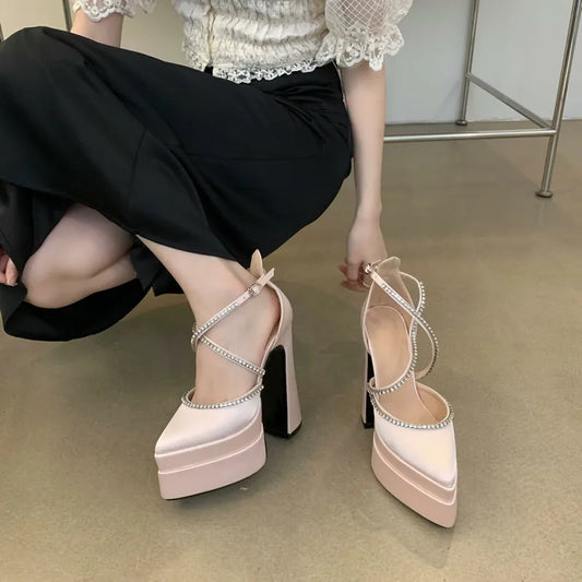 15cm Spring and Summer 2025 New Fashion Platform Thick Heels Hate Sky High Pointed Satin High Heels Show Women's Single Shoes