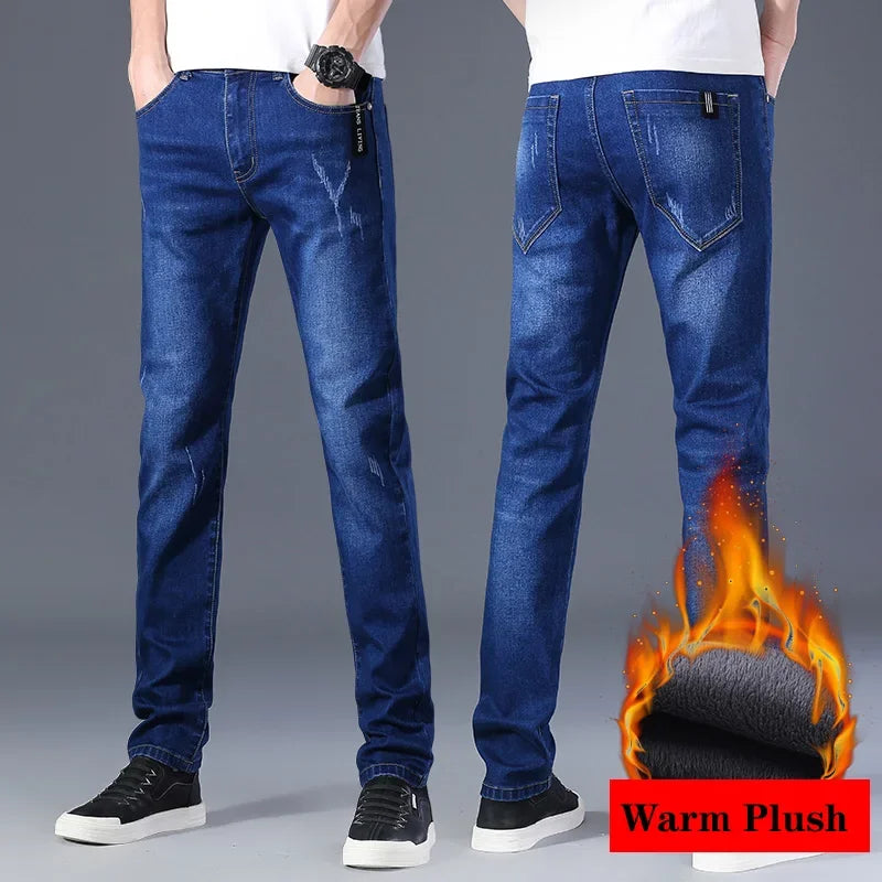 Winter Men Thermal Jeans Snow Warm Stretch Straight Jeans Man Fleece Denim Long Pants Narrow Leg Slim Fit Blue Black Trousers