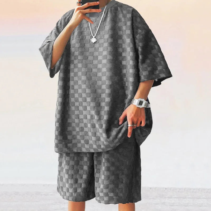 European and American Oversized Fashion Brand Men's Summer New Chessboard Plaid Loose Sports and Leisure Two-Piece Set