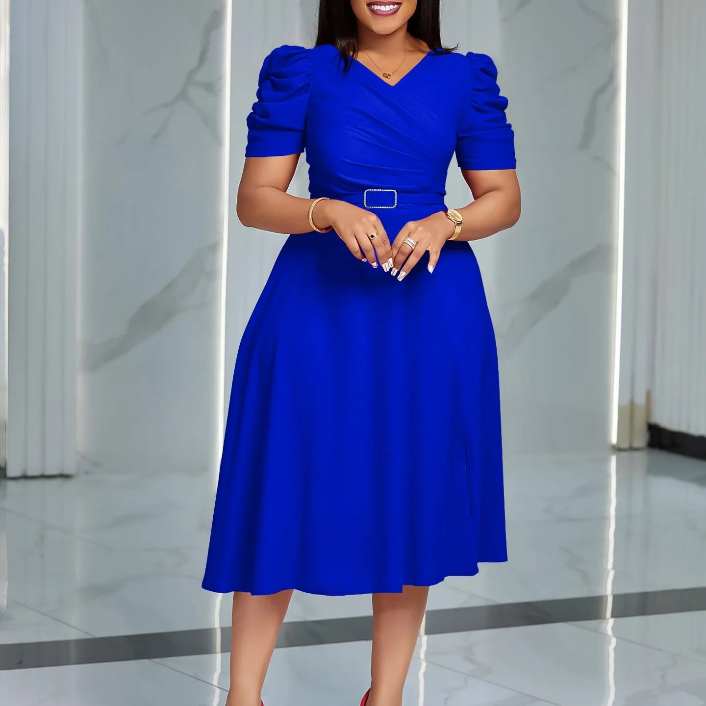 Elegant Party Dresses for Women V Neck Short Sleeve Belt Waisted Pleated Mid Calf Luxury Birthday Dinner Vestidos Mujer Dress OL