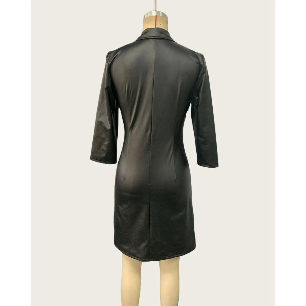 Women's Long Sleeve Bodycon Pu Leather Dress Turn-down Collar Black Midi Dress Sexy High Waist Fashion Vestidos Robe Femme