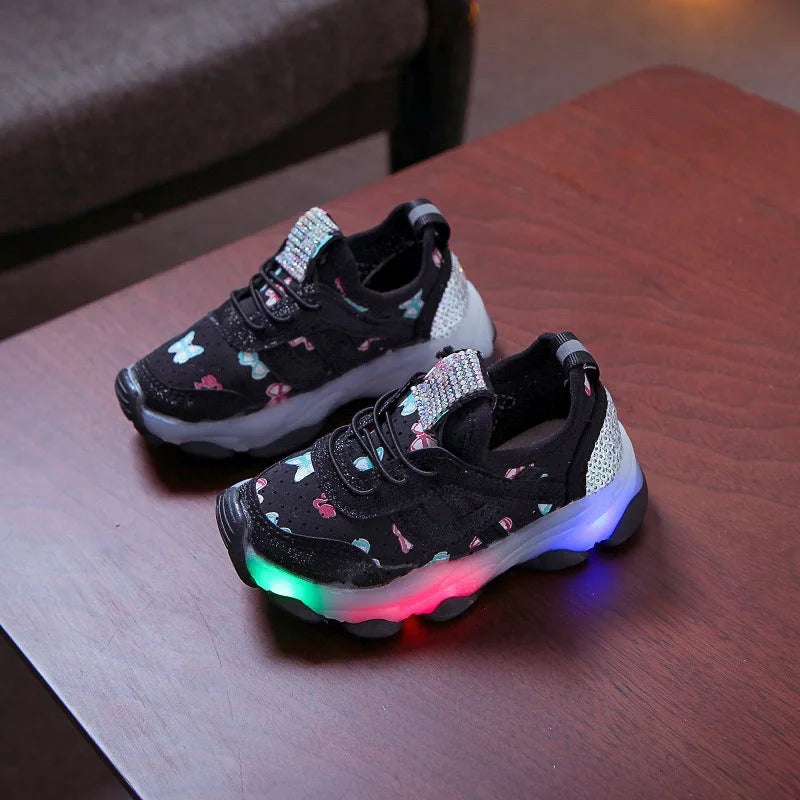 Kid Shoes Children's LED Shining Shoes 2023 Spring New Boys Sports Shoes Girls Elastic Fabric Sequins Casual Shoes Zapatillas