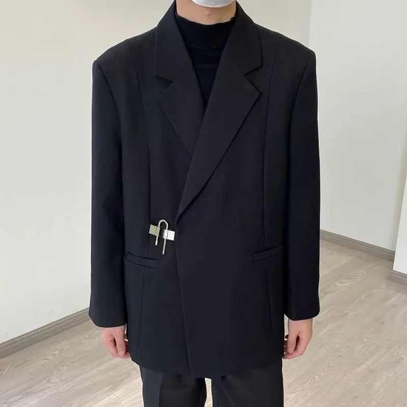 2026 Men's Korean Style Spring Casual Suit Jacekt Metal Buckle Male Loose Male Solid Color Blazers Harajuku Long Sleeve Coats