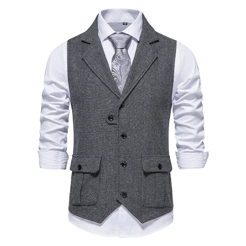 New Men's Retro Lapel Vest Herringbone Coarse Tweed Pockets Suit Vest British Casual Vintage Gentleman Leisure Party Bar Banquet