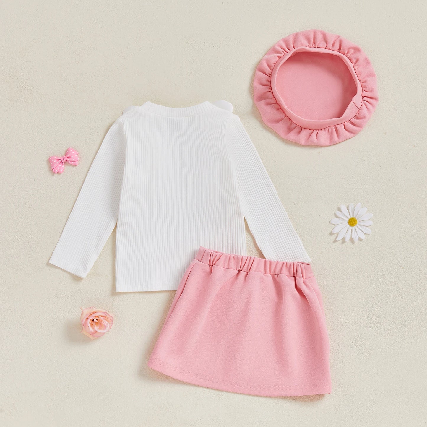 FOCUSNORM 0-4Y Fashion Little Kids Girls Autumn Clothes Sets Outfits Long Sleeve 3D Flower Decor Ribbed Tops A-line Skirt Beret