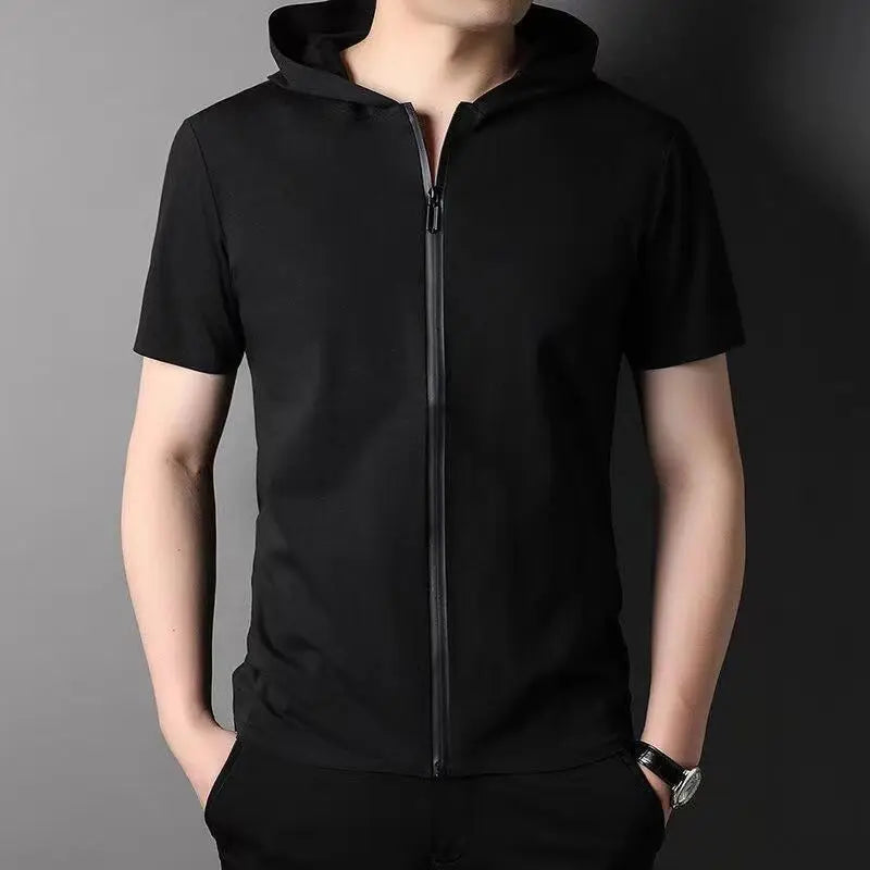 2023 Men Summer Trend Stand Collar Zipper Cardigan Shirts Solid Short Sleeve Comfortable Business Casual Top Ropa Hombre Camisas