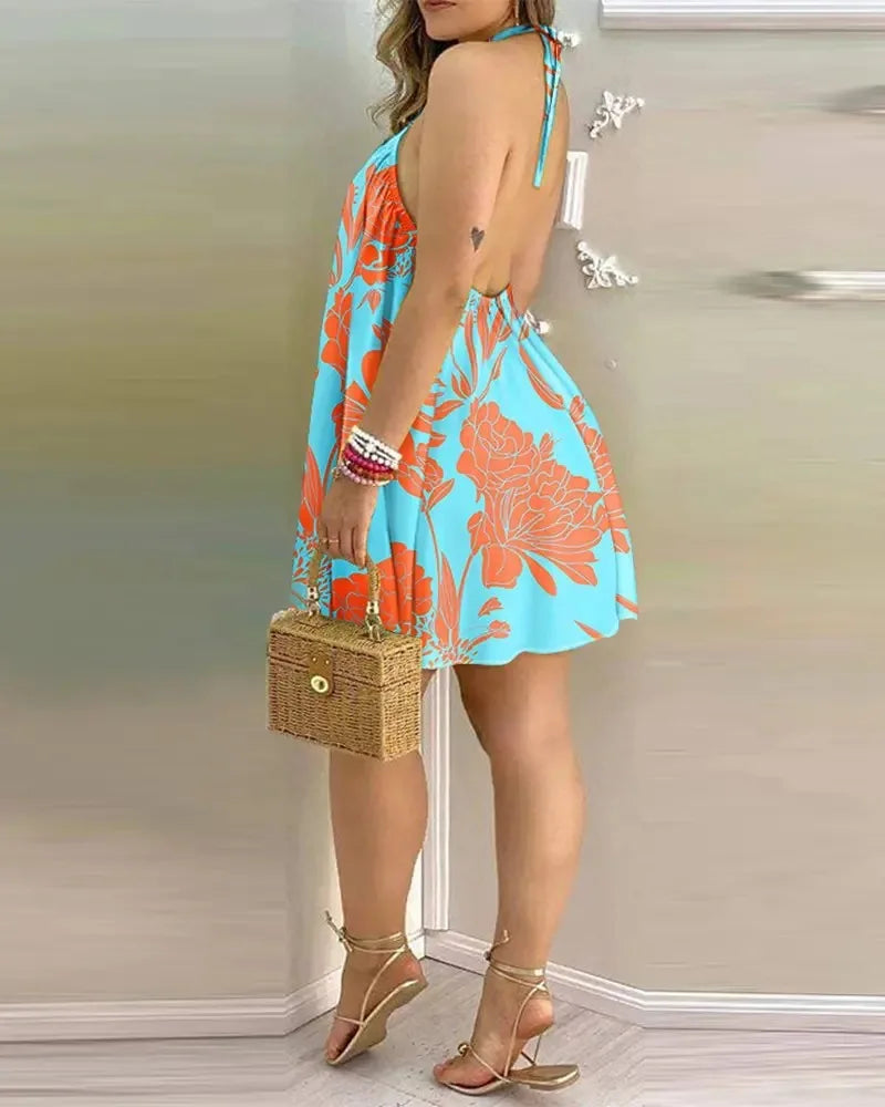 Floral Print Halter Neck Dress Boho Backless Halter Dress For Spring Summer Women's Clothing