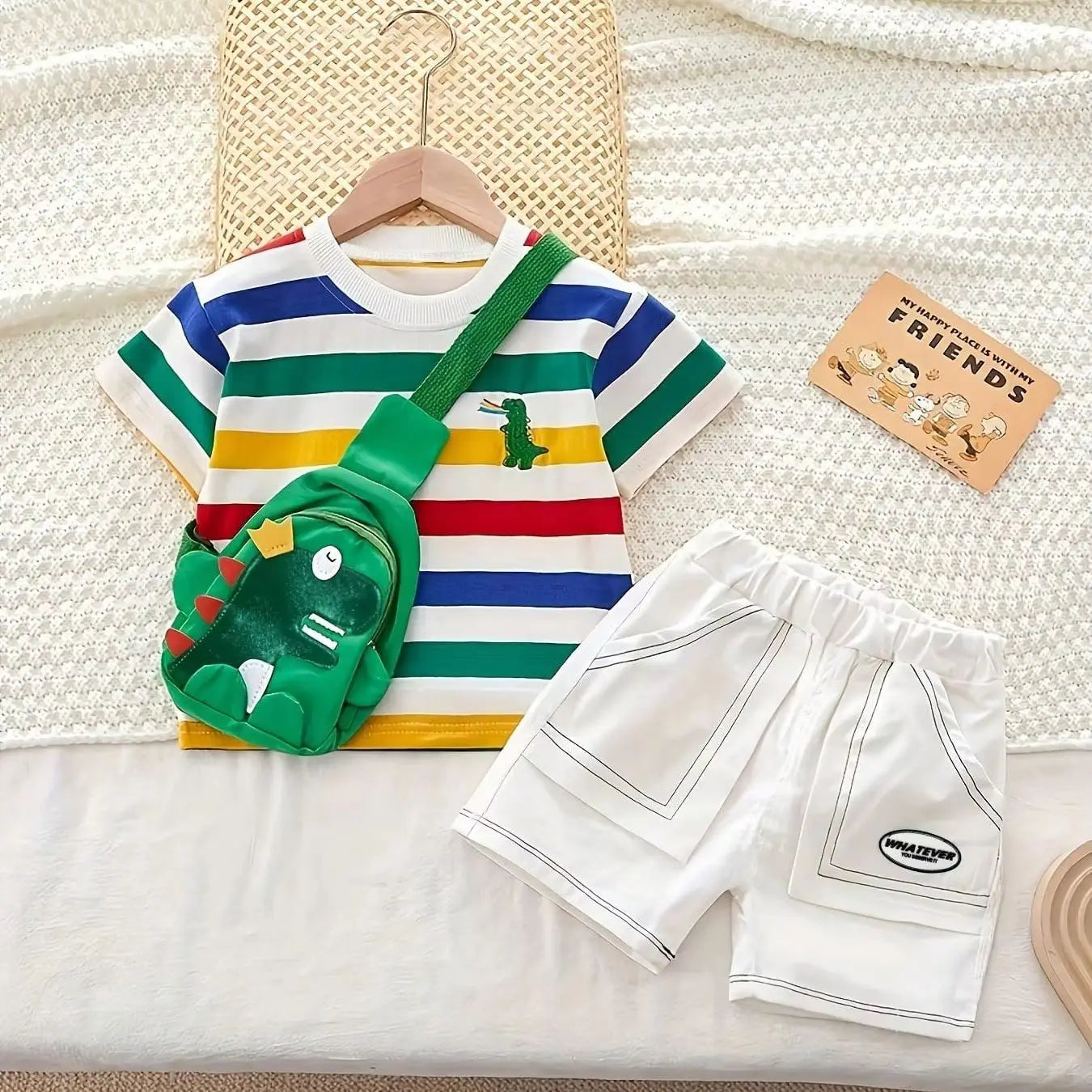 Children's Dinosaur Themed Fashionable Striped Shirt And Shorts Set Embroidered Dinosaur Design Includes Dinosaur Accessory