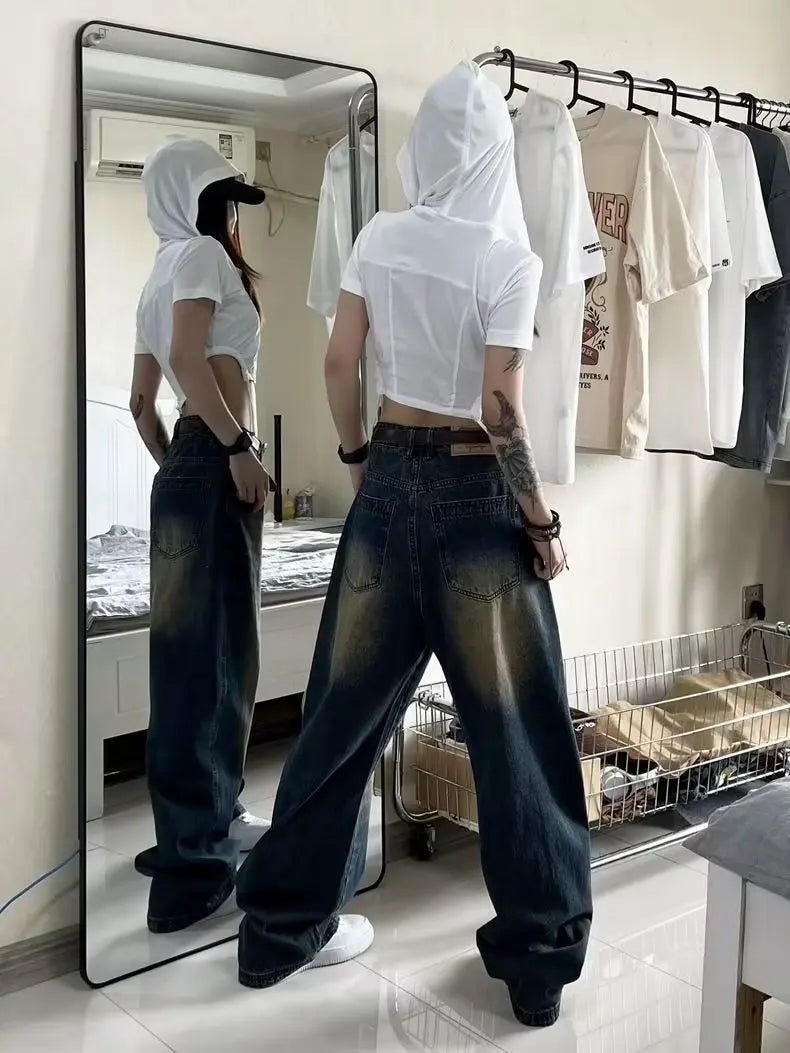 Women Jeans Distressed Full Length Wide Leg Denim Pants Spliced Zipper Fly Vintage Jean Pockets High Street Loose Fit Washed