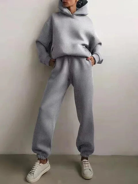 Two Piece Pant Sets Women Solid Thick Sweatshirts Hooded Full Sleeve Elastic Waist Spliced Long Pants Pockets Casual Suits