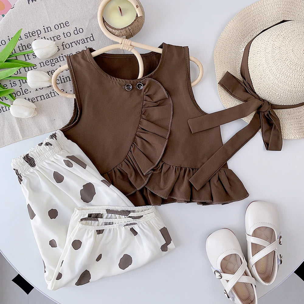 Bear Leader Girls' Set 2026 New Summer Solid Ruffled Top+Polka Dot Pants Set Fashion Baby Set Girl Baby Casual Sleeveless Set