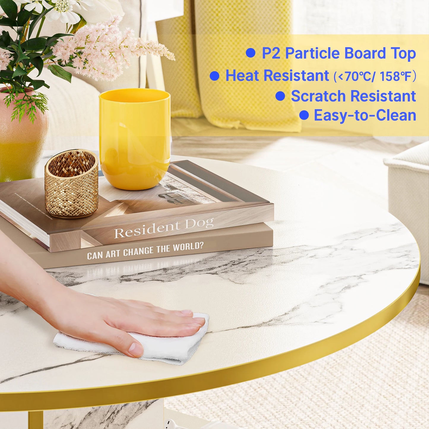 3-Tier Round Coffee Table with Storage, Modern Coffee Table for Living Room, Wooden Tabletop-Marble White with Gold Frame
