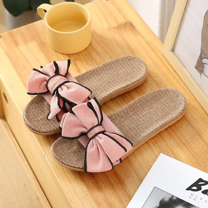 Women Summer Casual Slides Comfortable Flax Slippers Striped Bow Linen Flip Flops Platform Sandals Ladies Indoor Shoes slippers