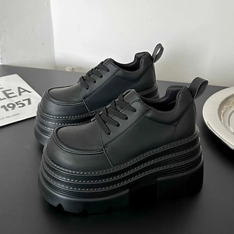 Women Platfrom Pumps Shoes Black Lace-up Leather Female British Style Spring Autumn New Heightening High Heels Mary Jane Loafers