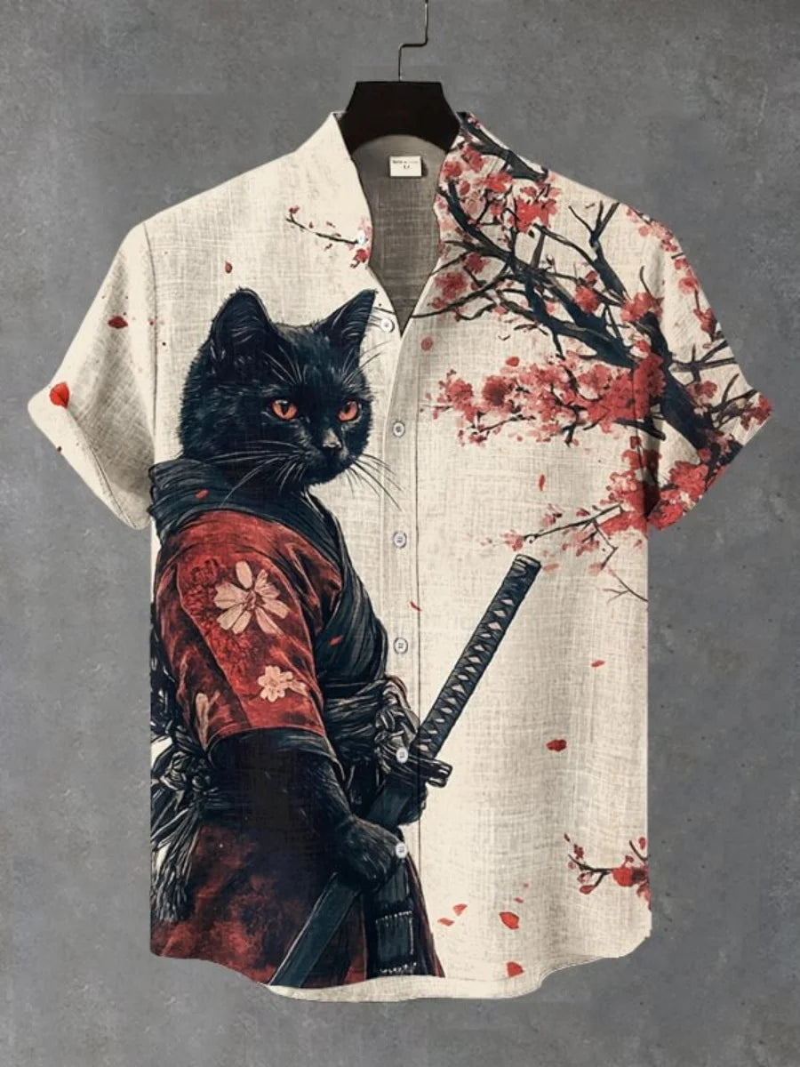 New cartoon cat-themed short-sleeved shirt, summer retro men's art print shirt, casual vacation streetwear