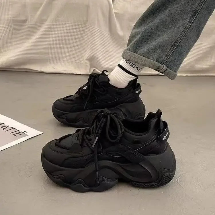 High Platform Sneakers Women Leather Dad Shoes Women Black Chunky Sneakers Thick Sole Shoes 2025 Fashion Height Increasing Shoes