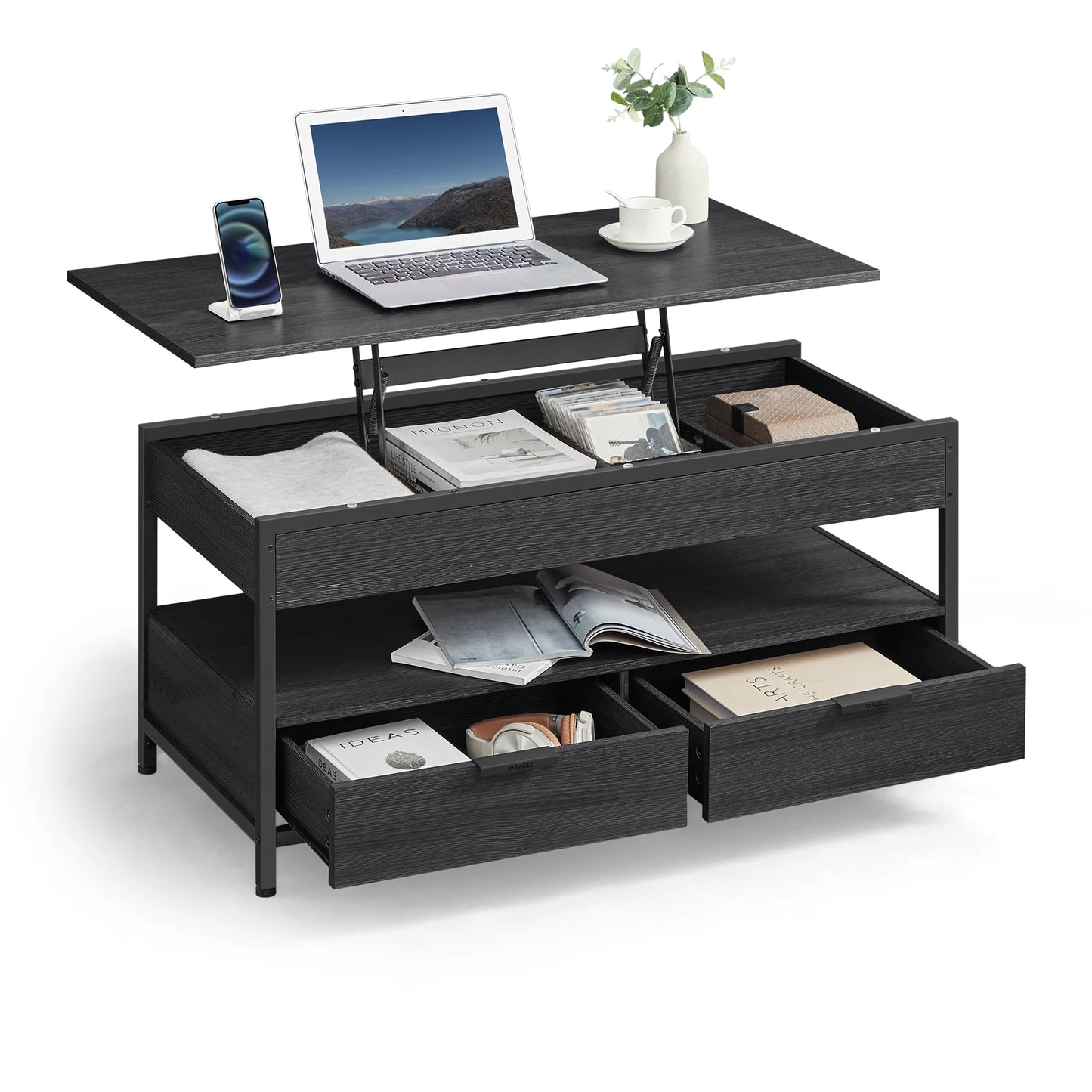 VASAGLE coffee table, height adjustable living room table, coffee table, with drawers, open compartment, 50x100 x (48-63)cm