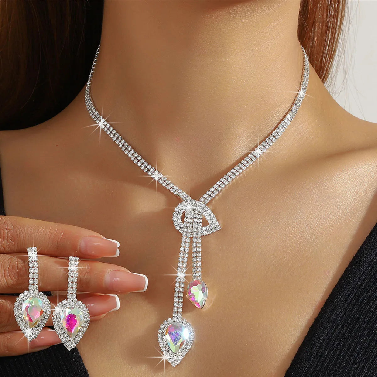 FYUAN Women's Crystal Jewelry Set Sapphire Blue Silver Color Water Drop Necklace Earrings Wedding Party Festival Wear