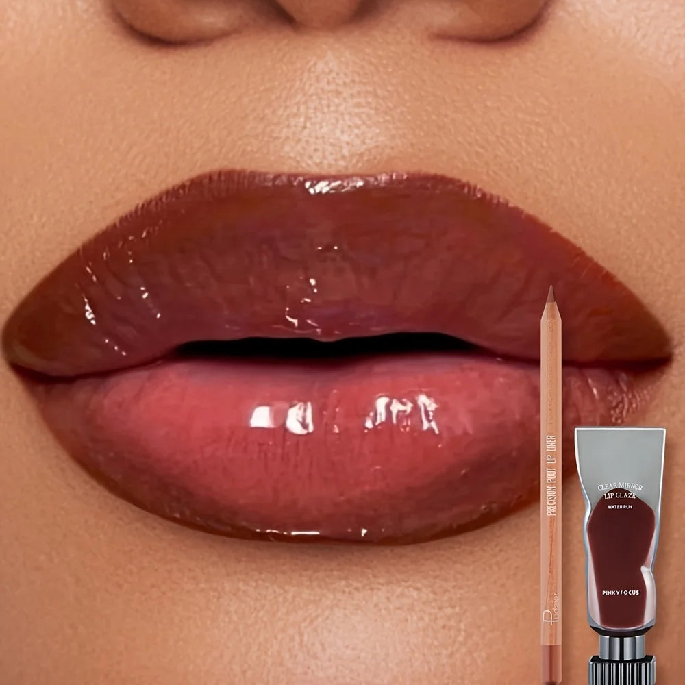 2pcs set of moisturizing and moisturizing lip gloss and durable waterproof lipliner set - high color lipstick, glossy texture