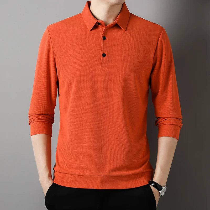 Men's Fashion Waffle Solid Long Sleeved Polo Shirt Summer Breathable Comfortable Top