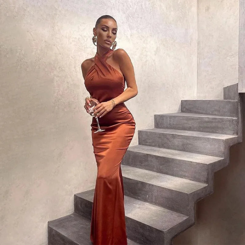 Women's Vestidos De Fiesta Elegantes Vestidos Elegant Halter Neck Twist Front Maxi Dress Slim Fit Evening Party Gown