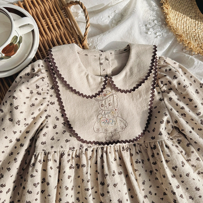 Arrival Autumn Girls Teddy Bear Embroidery and Floral Pattern Long Sleeves Dress-3