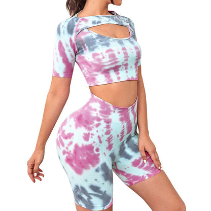 European And American Summer High Waist Sexy Tie-dye Breathable Skinny Yoga Pants Short Sleeve Suit