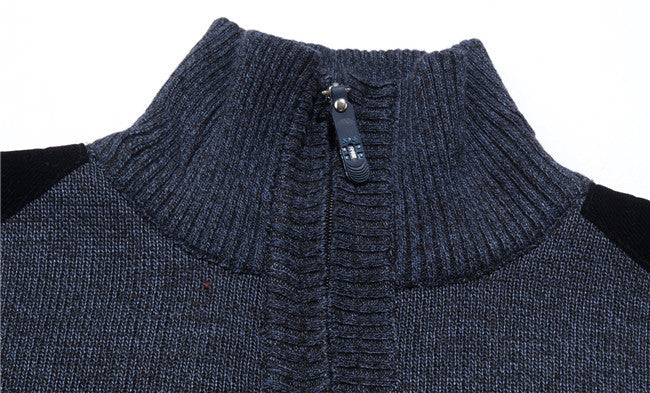 New Winter Mens Pullover Knitted Sweater Male Wool Fleece Thick Casual Pullover Patchwork Warm Pocket Sweater Standing Collar