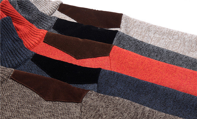 New Winter Mens Pullover Knitted Sweater Male Wool Fleece Thick Casual Pullover Patchwork Warm Pocket Sweater Standing Collar