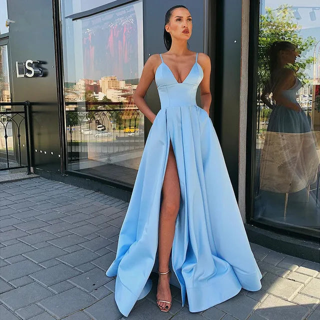 Robe de soiree V Neck Satin Evening Dress Spaghetti Strap Side Slit Prom Dress High Waist Evening Gowns Party Dress Customized