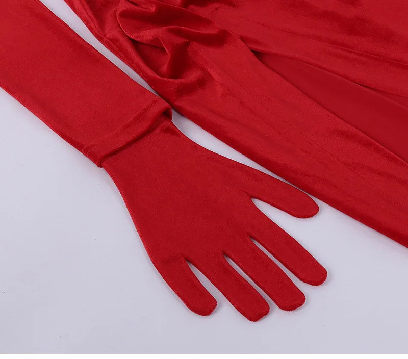 GACVGA Elegant Long Dress Evening Party Gown Outfits Women Gloves Sleeve Red Velvet Sexy Slit Maxi Dresses Bridesmaid Vestidos