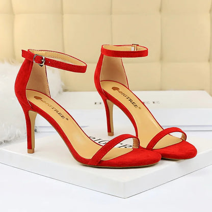 Women 10cm High Heels Flock Stripper Sandals Female Fetish Strappy Red Shoes Lady Valentine Green Summer Classic Sexy Pumps
