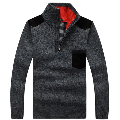 New Winter Mens Pullover Knitted Sweater Male Wool Fleece Thick Casual Pullover Patchwork Warm Pocket Sweater Standing Collar