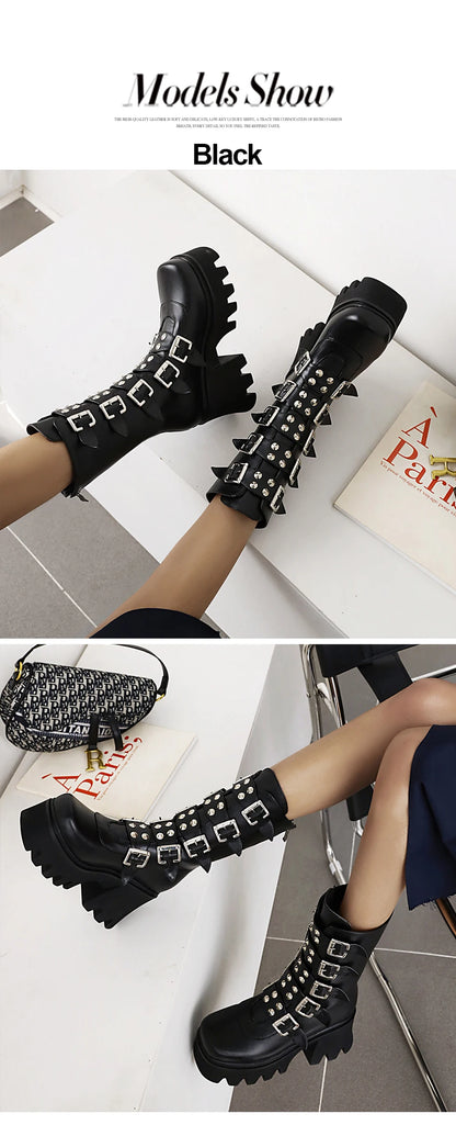 Gdgydh Autumn Winter Gothic Punk Womens Platform Boots Black Blet Buckle Strap Creepers Platform Shoes With Zipper Military Boot