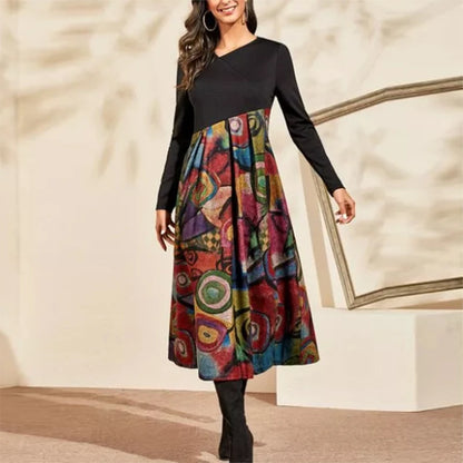 Vintage Women Long Dress V-Neck A-Line Dress 2024 Autumn Elegant Long Sleeves Slim Party Dresses Ladies Casual Loose Vestidos