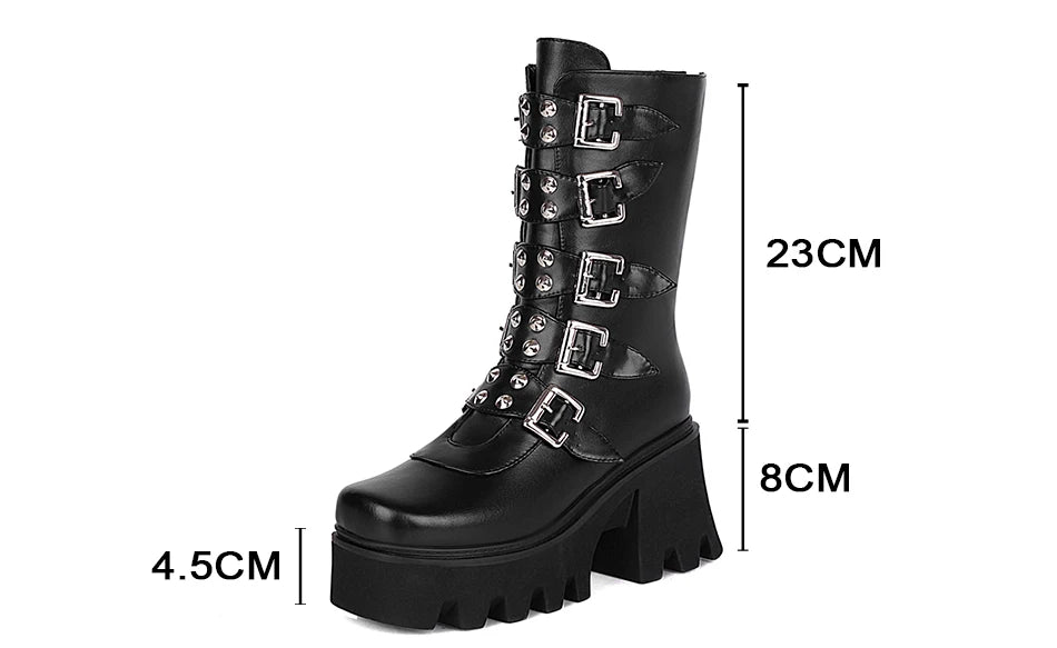 Gdgydh Autumn Winter Gothic Punk Womens Platform Boots Black Blet Buckle Strap Creepers Platform Shoes With Zipper Military Boot