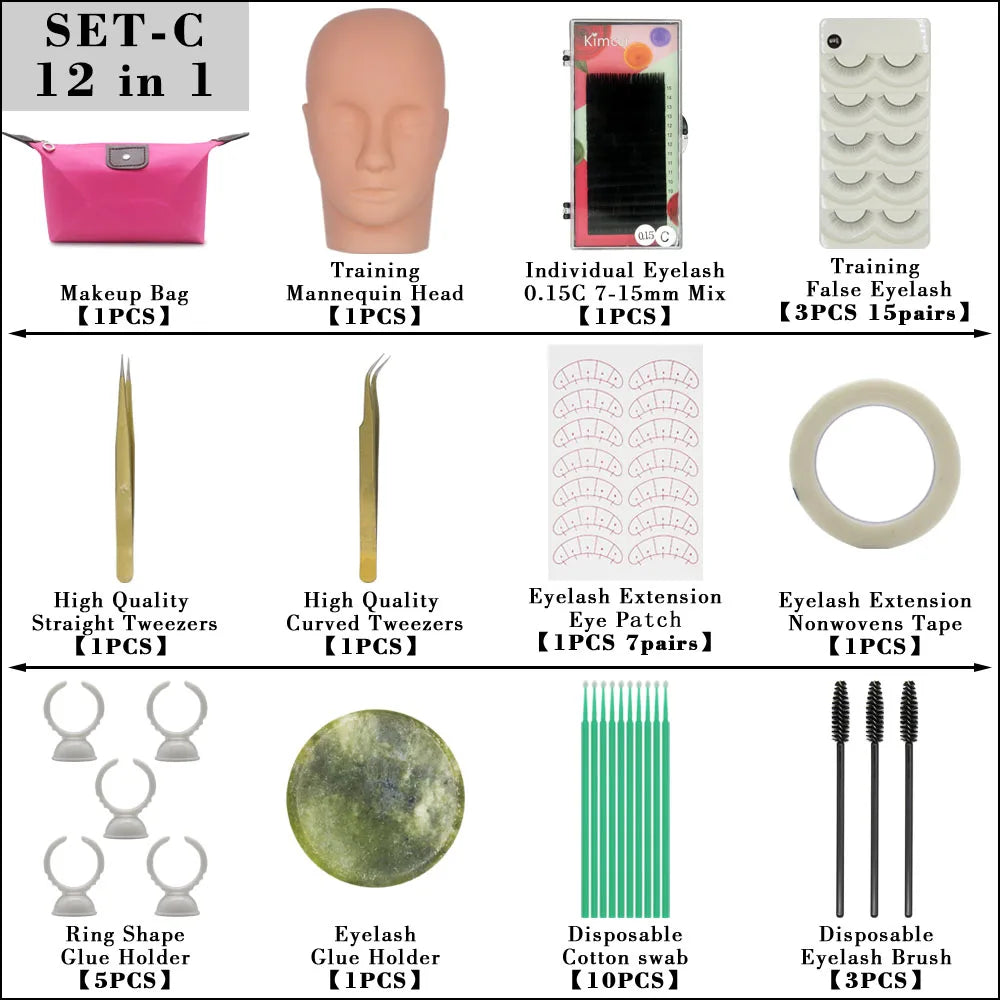 False Eyelashes Extension Practice Exercise Kit Makeup Mannequin Head Set Grafting Eyelash Training Kit Eye Lashes Graft Tools