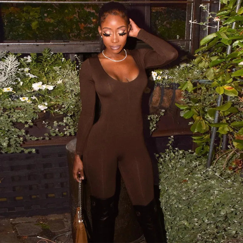 Bodycon Jumpsuit Women Solid Long Sleeve Skinny Sporty Rompers Playsuits Fitness Casual Activity Streetwear Overalls
